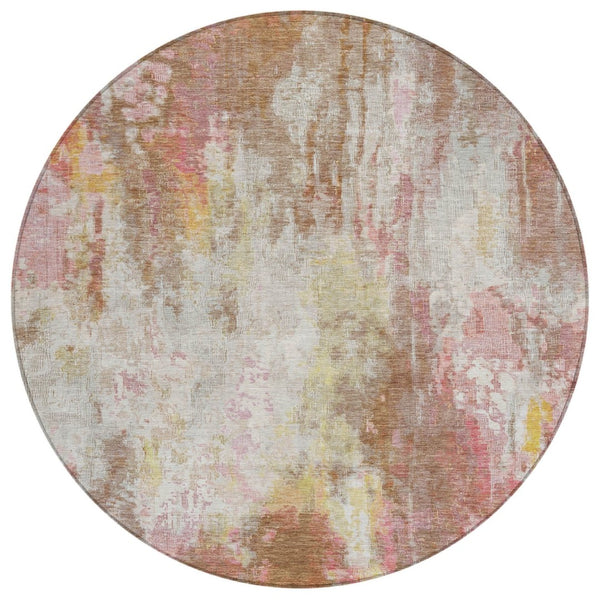 HomeRoots 5' Modern Abstract Tan Mauve Ivory Washable Area Rug for Indoor and Outdoor Use, Easy Care 8' Round 615880