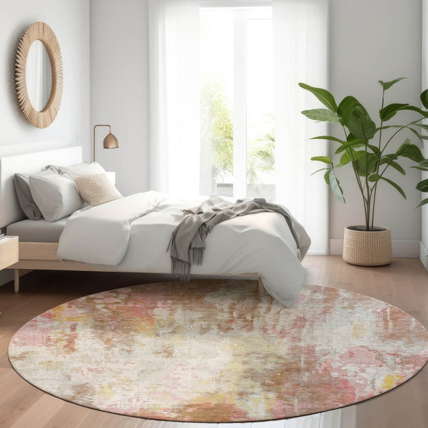 HomeRoots 5' Modern Abstract Tan Mauve Ivory Washable Area Rug for Indoor and Outdoor Use, Easy Care 8' Round 615880