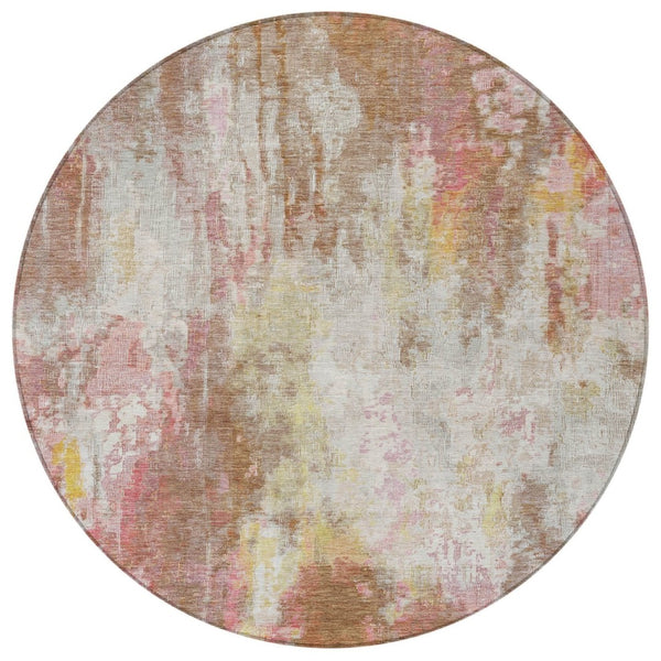 HomeRoots 5' Modern Abstract Tan Mauve Ivory Washable Area Rug for Indoor and Outdoor Use, Easy Care 8' Round 615880