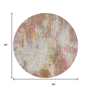 HomeRoots 5' Modern Abstract Tan Mauve Ivory Washable Area Rug for Indoor and Outdoor Use, Easy Care 8' Round 615880