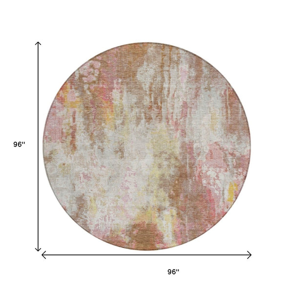 HomeRoots 5' Modern Abstract Tan Mauve Ivory Washable Area Rug for Indoor and Outdoor Use, Easy Care 8' Round 615880