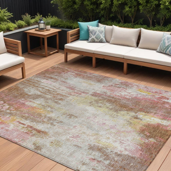 HomeRoots 5' Modern Abstract Tan Mauve Ivory Washable Area Rug for Indoor and Outdoor Use, Easy Care 8' X 10' 615881