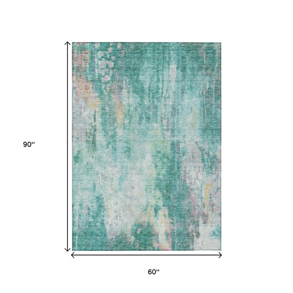 HomeRoots 5' Teal Blue, Peach & Ivory Abstract Area Rug - Stylish, Washable, Indoor/Outdoor Durability for All Spaces 5' X 8' 615885