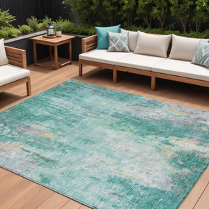 HomeRoots 5' Teal Blue, Peach & Ivory Abstract Area Rug - Stylish, Washable, Indoor/Outdoor Durability for All Spaces 5' X 8' 615885