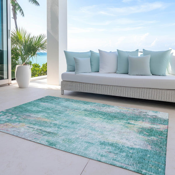 HomeRoots 5' Teal Blue, Peach & Ivory Abstract Area Rug - Stylish, Washable, Indoor/Outdoor Durability for All Spaces 5' X 8' 615885