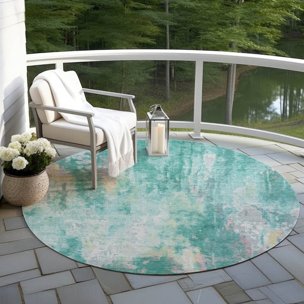 HomeRoots 5' Teal Blue, Peach & Ivory Abstract Area Rug - Stylish, Washable, Indoor/Outdoor Durability for All Spaces 8' Round 615886