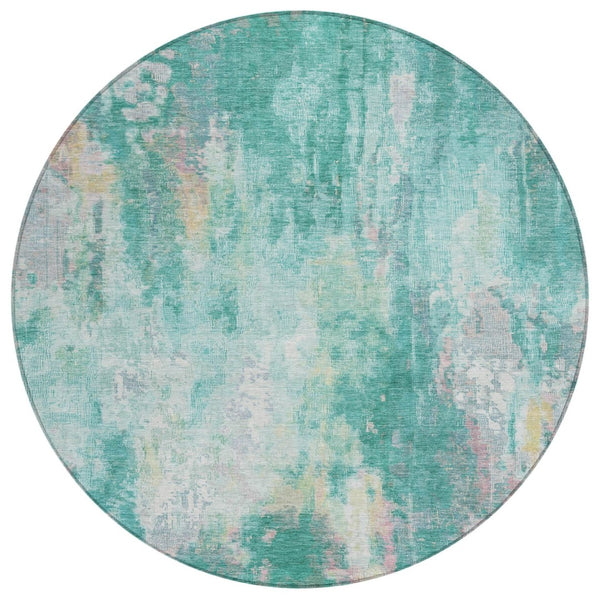 HomeRoots 5' Teal Blue, Peach & Ivory Abstract Area Rug - Stylish, Washable, Indoor/Outdoor Durability for All Spaces 8' Round 615886