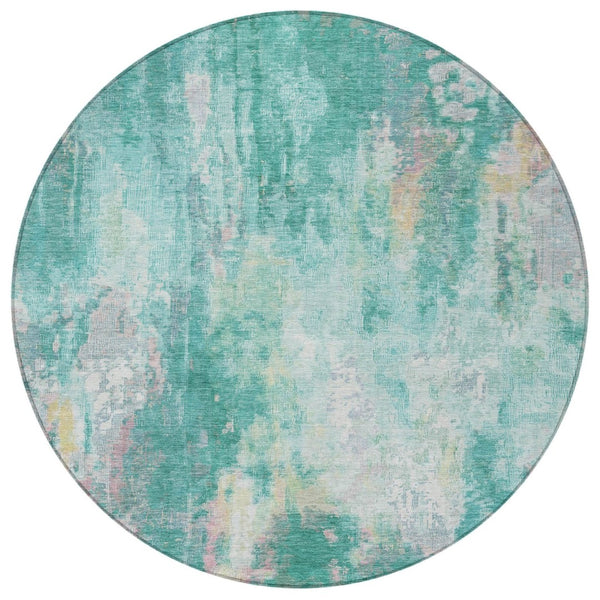 HomeRoots 5' Teal Blue, Peach & Ivory Abstract Area Rug - Stylish, Washable, Indoor/Outdoor Durability for All Spaces 8' Round 615886