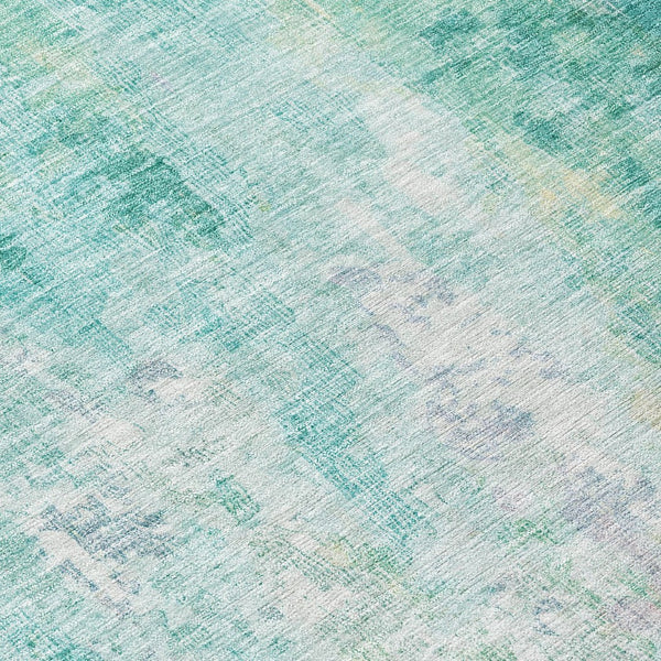 HomeRoots 5' Teal Blue, Peach & Ivory Abstract Area Rug - Stylish, Washable, Indoor/Outdoor Durability for All Spaces 8' Round 615886