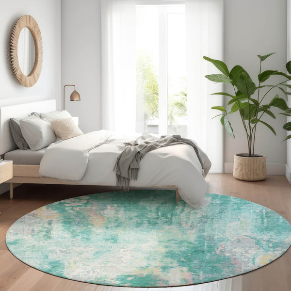 HomeRoots 5' Teal Blue, Peach & Ivory Abstract Area Rug - Stylish, Washable, Indoor/Outdoor Durability for All Spaces 8' Round 615886
