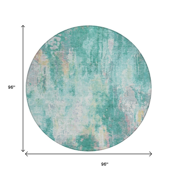 HomeRoots 5' Teal Blue, Peach & Ivory Abstract Area Rug - Stylish, Washable, Indoor/Outdoor Durability for All Spaces 8' Round 615886