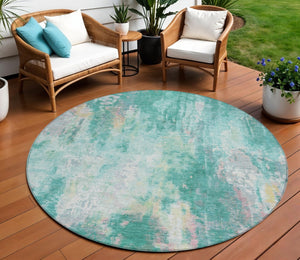 HomeRoots 5' Teal Blue, Peach & Ivory Abstract Area Rug - Stylish, Washable, Indoor/Outdoor Durability for All Spaces 8' Round 615886