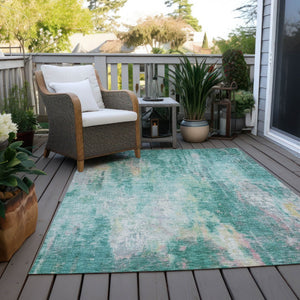 HomeRoots 5' Teal Blue, Peach & Ivory Abstract Area Rug - Stylish, Washable, Indoor/Outdoor Durability for All Spaces 8' X 10' 615887