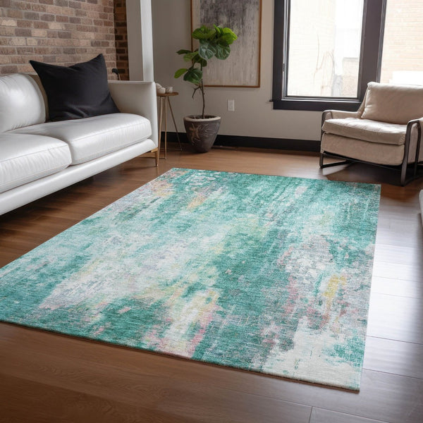 HomeRoots 5' Teal Blue, Peach & Ivory Abstract Area Rug - Stylish, Washable, Indoor/Outdoor Durability for All Spaces 10' X 14' 615889