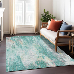HomeRoots 5' Teal Blue, Peach & Ivory Abstract Area Rug - Stylish, Washable, Indoor/Outdoor Durability for All Spaces 10' X 14' 615889