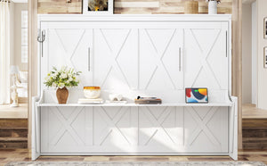 English Elm Queen Murphy Bed with Fold Down Desk Led Lighting and Usb Port for Home Office White W1580S00456
