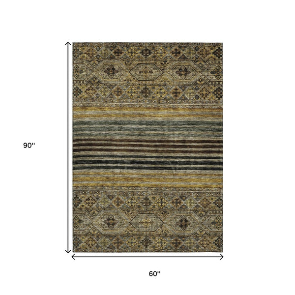 HomeRoots 5' Elegant Gray, Gold & Brown Medallion Washable Area Rug for Indoor and Outdoor Spaces 5' X 8' 615903
