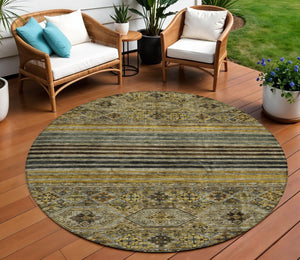 HomeRoots 5' Elegant Gray, Gold & Brown Medallion Washable Area Rug for Indoor and Outdoor Spaces 8' Round 615904