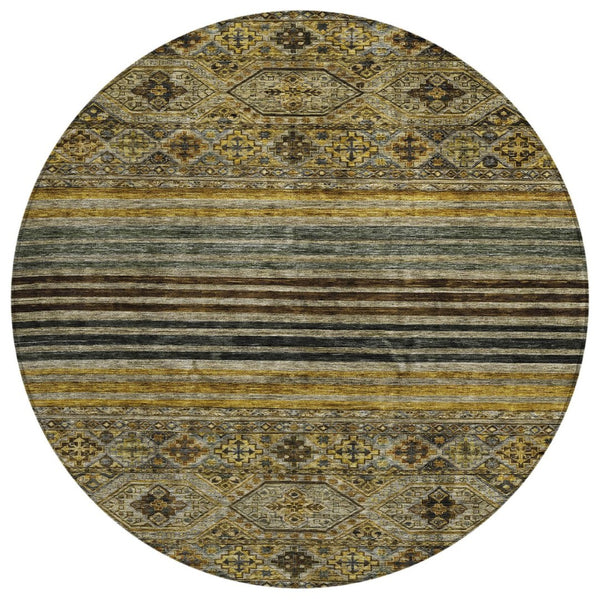 HomeRoots 5' Elegant Gray, Gold & Brown Medallion Washable Area Rug for Indoor and Outdoor Spaces 8' Round 615904