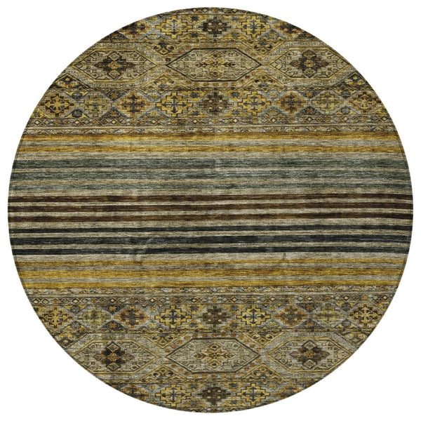 HomeRoots 5' Elegant Gray, Gold & Brown Medallion Washable Area Rug for Indoor and Outdoor Spaces 8' Round 615904