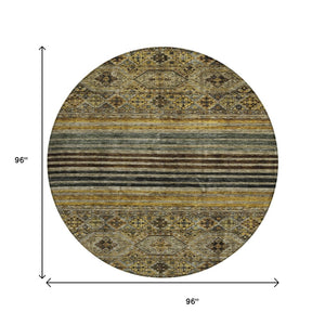 HomeRoots 5' Elegant Gray, Gold & Brown Medallion Washable Area Rug for Indoor and Outdoor Spaces 8' Round 615904