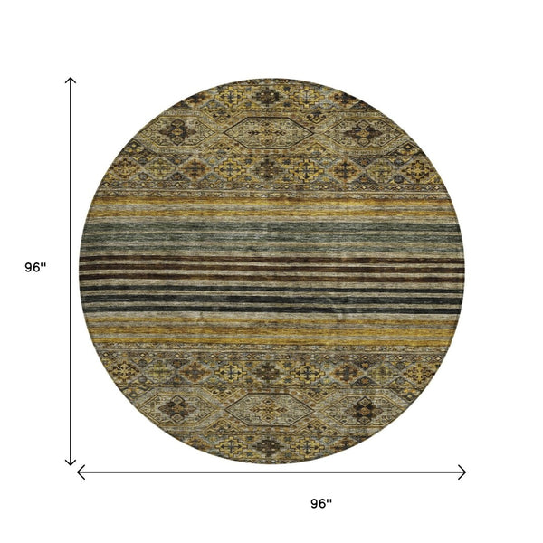 HomeRoots 5' Elegant Gray, Gold & Brown Medallion Washable Area Rug for Indoor and Outdoor Spaces 8' Round 615904