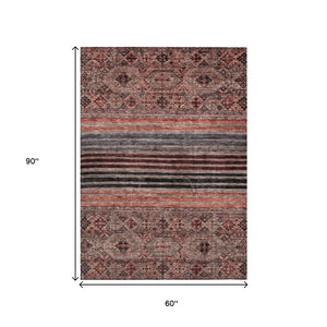 HomeRoots 5' Washable Medallion Area Rug in Rust, Gray, and Salmon for Stylish Indoor-Outdoor Spaces 5' X 8' 615909