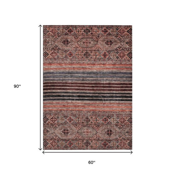 HomeRoots 5' Washable Medallion Area Rug in Rust, Gray, and Salmon for Stylish Indoor-Outdoor Spaces 5' X 8' 615909
