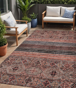HomeRoots 5' Washable Medallion Area Rug in Rust, Gray, and Salmon for Stylish Indoor-Outdoor Spaces 5' X 8' 615909