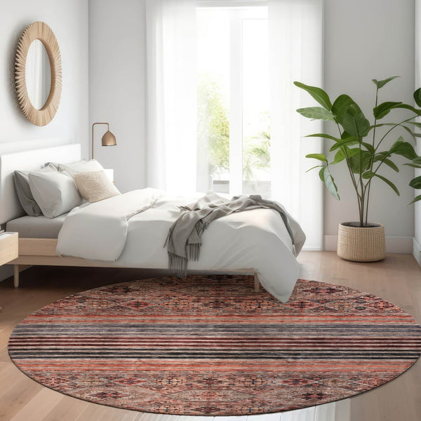 HomeRoots 5' Washable Medallion Area Rug in Rust, Gray, and Salmon for Stylish Indoor-Outdoor Spaces 8' Round 615910