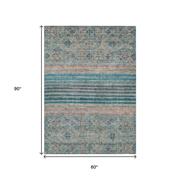 HomeRoots 5' Vibrant Teal Blue Medallion Indoor Outdoor Area Rug – Durable, Washable, Perfect for Homes & Patios 5' X 8' 615915