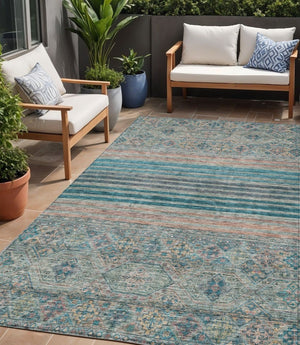 HomeRoots 5' Vibrant Teal Blue Medallion Indoor Outdoor Area Rug – Durable, Washable, Perfect for Homes & Patios 5' X 8' 615915