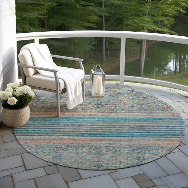 HomeRoots 5' Vibrant Teal Blue Medallion Indoor Outdoor Area Rug – Durable, Washable, Perfect for Homes & Patios 8' Round 615916