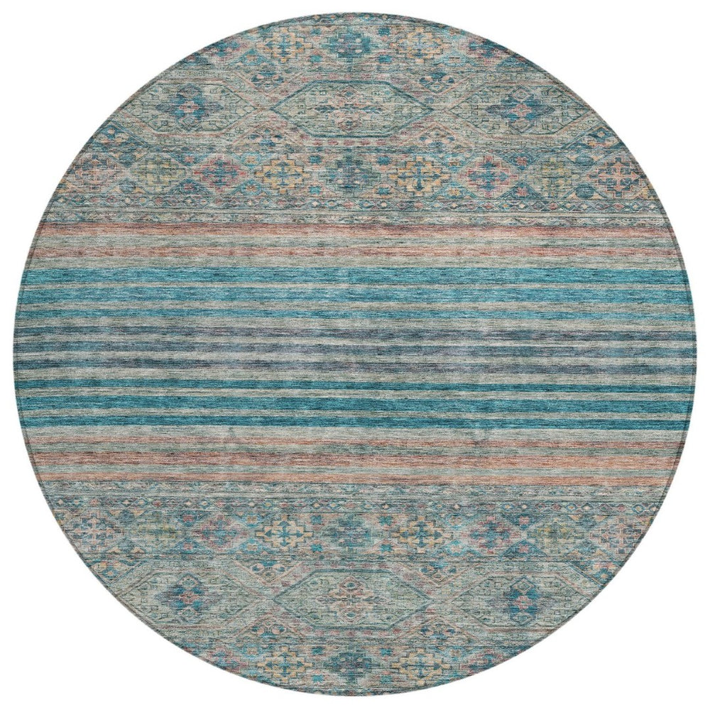 HomeRoots 5' Vibrant Teal Blue Medallion Indoor Outdoor Area Rug – Durable, Washable, Perfect for Homes & Patios 8' Round 615916