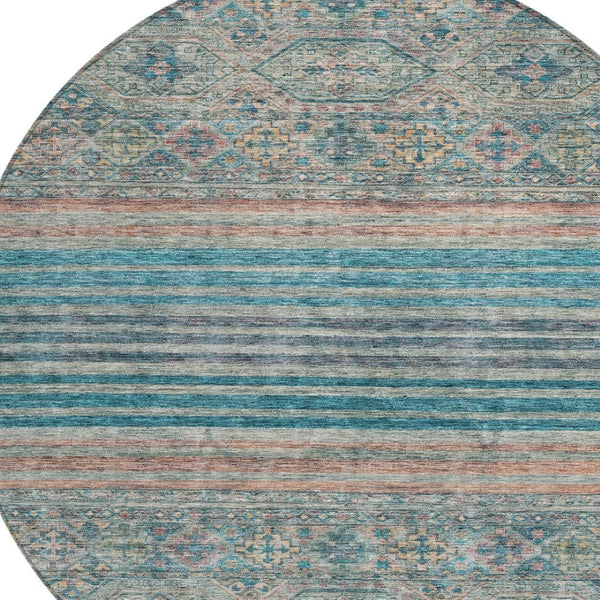 HomeRoots 5' Vibrant Teal Blue Medallion Indoor Outdoor Area Rug – Durable, Washable, Perfect for Homes & Patios 8' Round 615916
