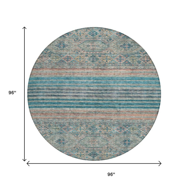 HomeRoots 5' Vibrant Teal Blue Medallion Indoor Outdoor Area Rug – Durable, Washable, Perfect for Homes & Patios 8' Round 615916