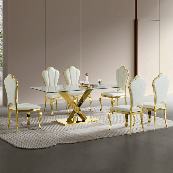 English Elm Gold Stainless Steel Dining Table With Clear Tempered Glass Top - Elegant, Modern & Versatile Decor W2723S00045