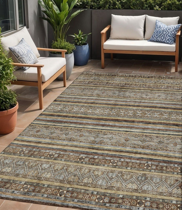 HomeRoots 5' Brown Denim Blue and Beige Southwestern Indoor/Outdoor Area Rug - Durable, Washable, Versatile Decor 5' X 8' 615951