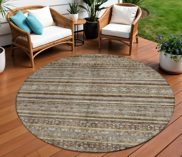 HomeRoots 5' Brown Denim Blue and Beige Southwestern Indoor/Outdoor Area Rug - Durable, Washable, Versatile Decor 8' Round 615952