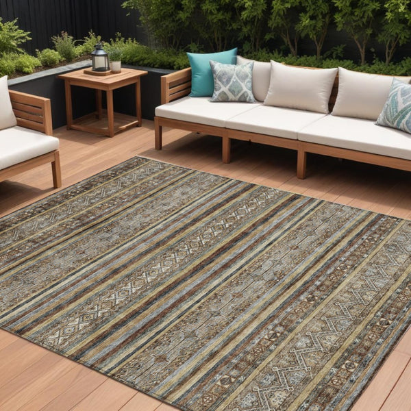 HomeRoots 5' Brown Denim Blue and Beige Southwestern Indoor/Outdoor Area Rug - Durable, Washable, Versatile Decor 8' X 10' 615953