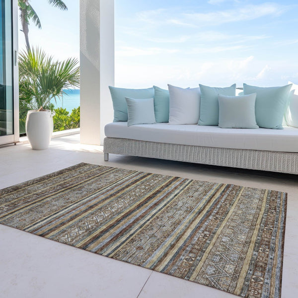 HomeRoots 5' Brown Denim Blue and Beige Southwestern Indoor/Outdoor Area Rug - Durable, Washable, Versatile Decor 9' X 12' 615954