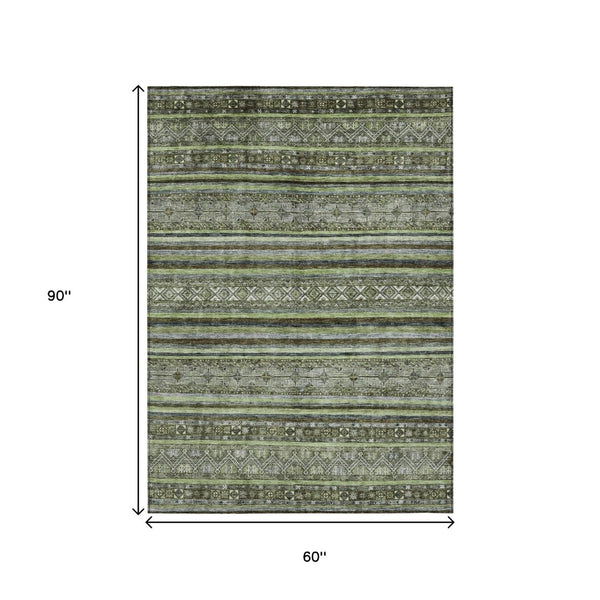 HomeRoots 5' Olive Green Gray Fern Southwestern Area Rug - Stylish, Washable, Durable for Indoor & Outdoor Use 5' X 8' 615969