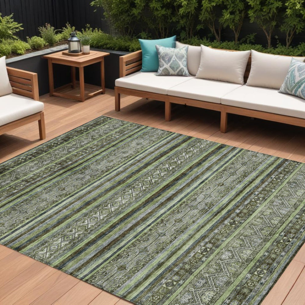 HomeRoots 5' Olive Green Gray Fern Southwestern Area Rug - Stylish, Washable, Durable for Indoor & Outdoor Use 8' X 10' 615971