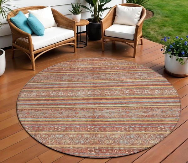 HomeRoots 5' Southwestern Area Rug in Rust, Gold & Silver – Durable, Washable, Stylish for Indoor & Outdoor Use 8' Round 615976