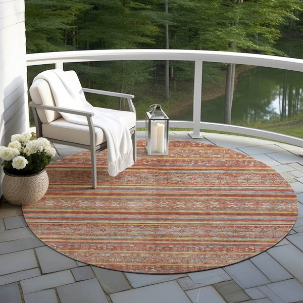HomeRoots 5' Southwestern Area Rug in Rust, Gold & Silver – Durable, Washable, Stylish for Indoor & Outdoor Use 8' Round 615976