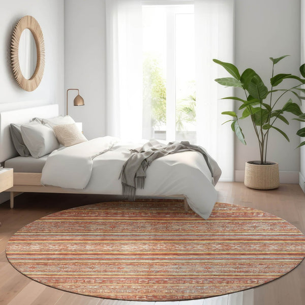 HomeRoots 5' Southwestern Area Rug in Rust, Gold & Silver – Durable, Washable, Stylish for Indoor & Outdoor Use 8' Round 615976