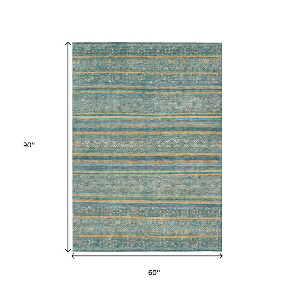 HomeRoots 5' Southwestern Washable Indoor Outdoor Rug in Teal Blue, Gold, and Taupe - Durable, Stylish Comfort 5' X 8' 615981