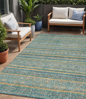 HomeRoots 5' Southwestern Washable Indoor Outdoor Rug in Teal Blue, Gold, and Taupe - Durable, Stylish Comfort 5' X 8' 615981