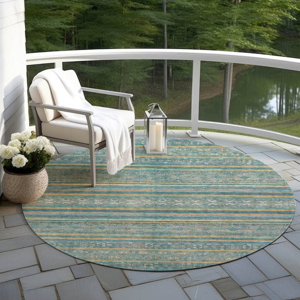 HomeRoots 5' Southwestern Washable Indoor Outdoor Rug in Teal Blue, Gold, and Taupe - Durable, Stylish Comfort 8' Round 615982