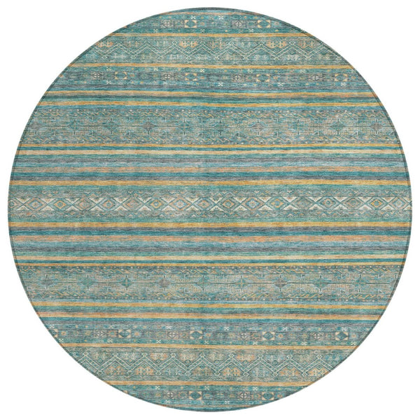 HomeRoots 5' Southwestern Washable Indoor Outdoor Rug in Teal Blue, Gold, and Taupe - Durable, Stylish Comfort 8' Round 615982